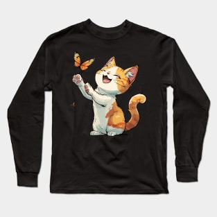 A Cute Cat Trying to Catch a Butterfly Long Sleeve T-Shirt